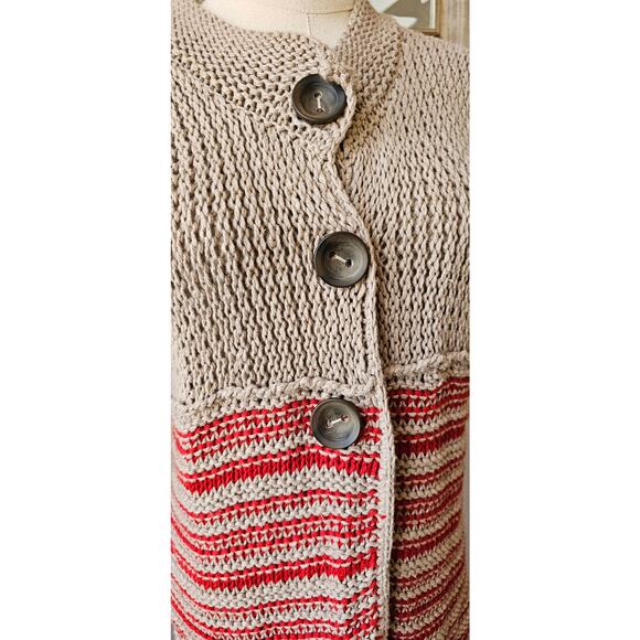 Free People Button Front Crochet Striped Long‎ Cardigan Sweater Size M Tan Red - Picture 2 of 5